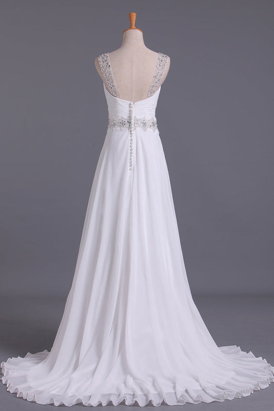 2024 White Wedding Dress Sweetheart A Line Pleated Bodice With Detachable Straps Beaded Chiffon