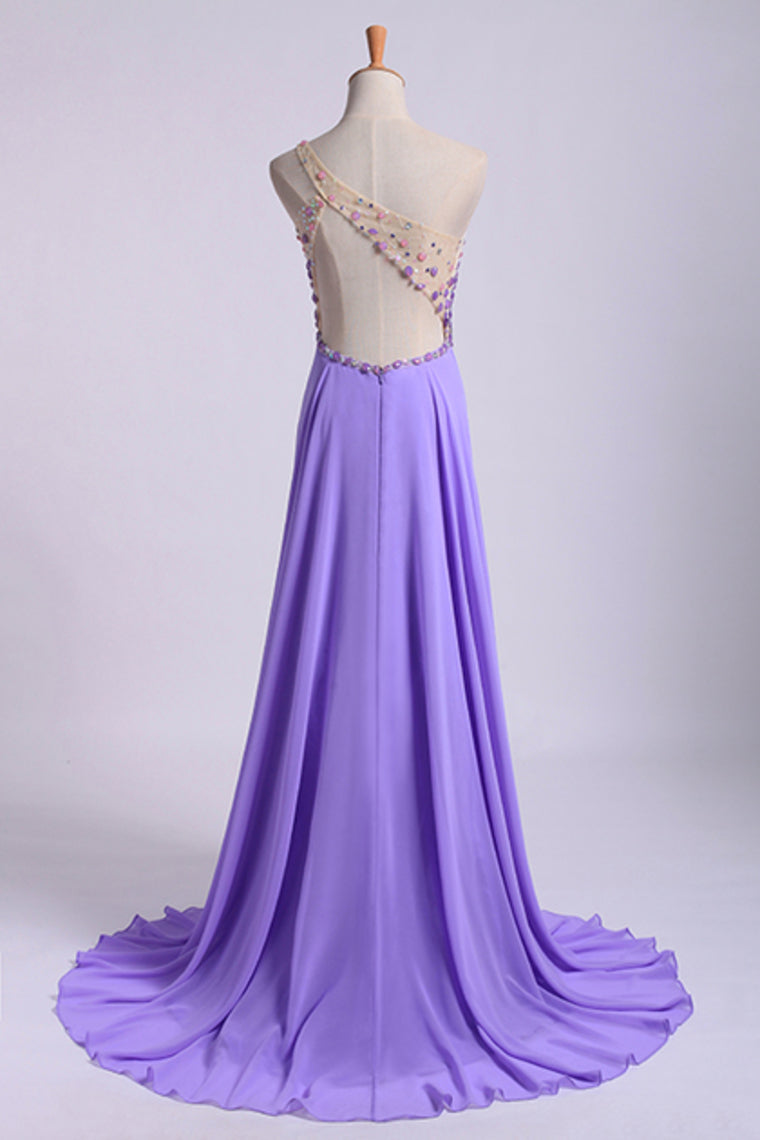 2024 Romantic Prom Dresses A Line One Shoulder With Beadings Tulle And Chiffon Sweep Train