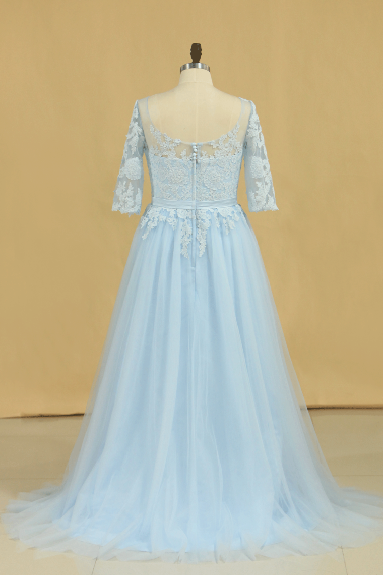 2024 Mother Of The Bride Dresses A Line Bateau Tulle With Applique And Sash Sweep Train Plus Size Light Sky Blue