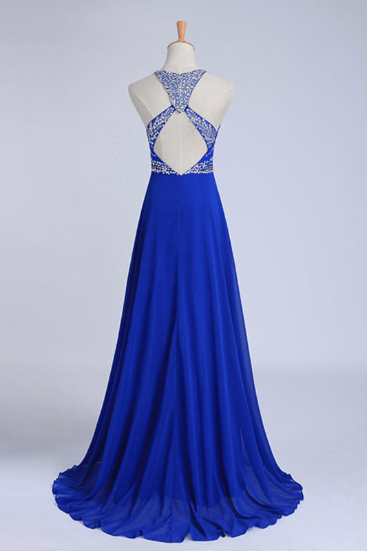 2024 Halter A-Line/Princess Dark Royal Blue Prom Dresses Tulle And Chiffon Sweep Train