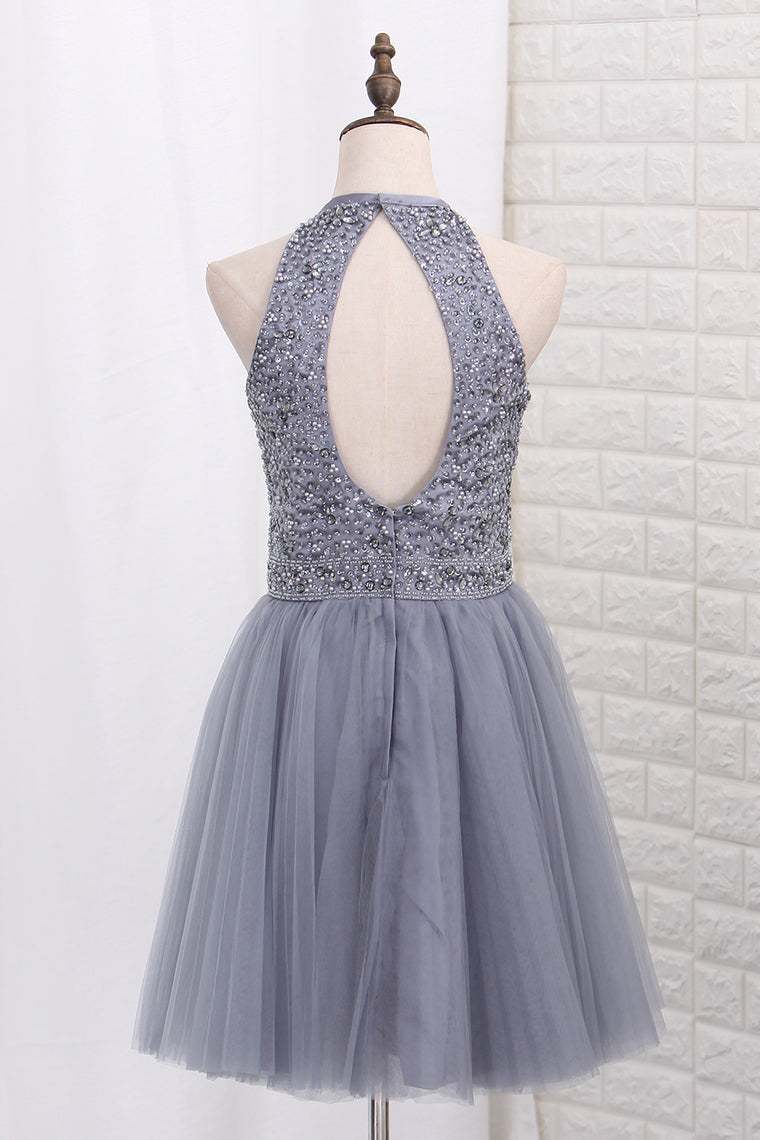 2024 A Line Homecoming Dresses Halter Tulle Beaded Bodice Short/Mini