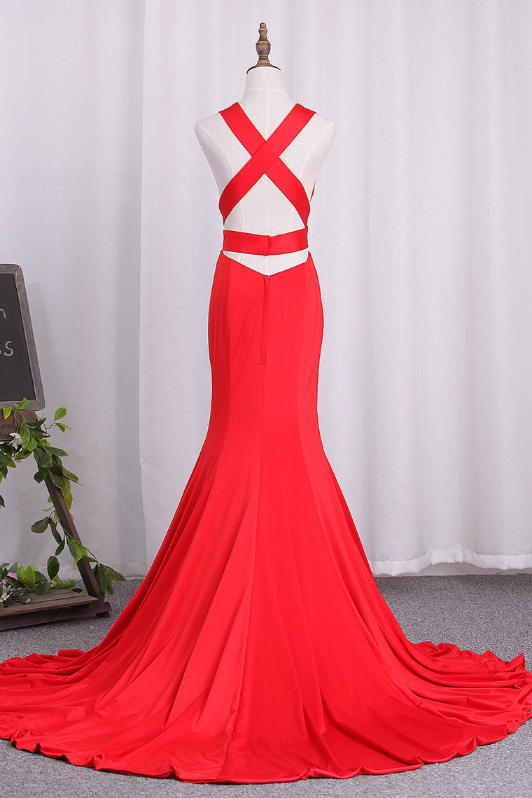 2024 Mermaid Open Back Evening Dresses V Neck Satin Sweep Train