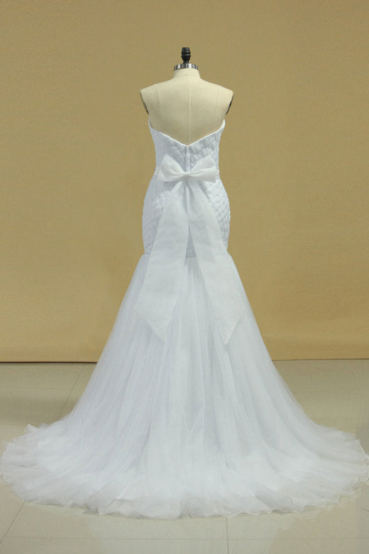 2024 Sweetheart Ruffled Bodice Mermaid Wedding Dress Tulle With Beading