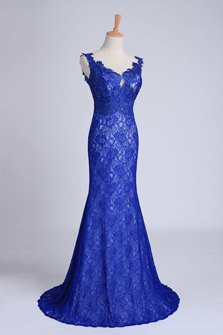 2024 Evening Dresses Bateau Mermaid With Deep V Shape Back Lace&Tulle Dark Royal Blue