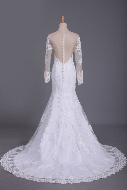 2024 Wedding Dresses Mermaid Scoop Long Sleeves Tulle With Applique Court Train