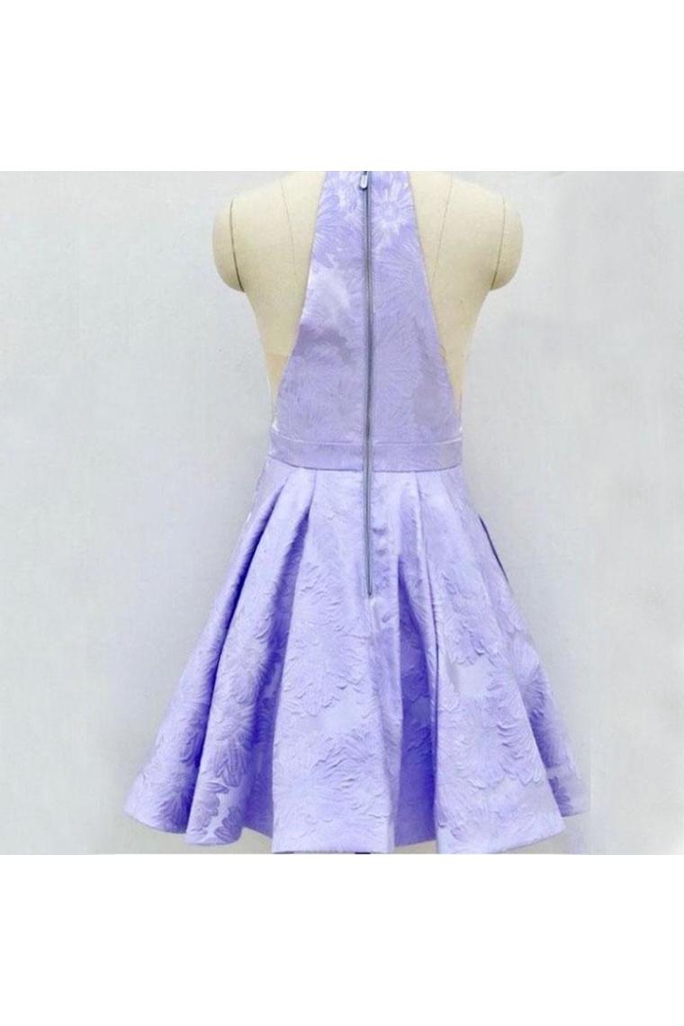 A-Line Above-Knee Lilac Satin Printed Homecoming Dress With Pockets