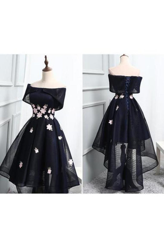 Off-The-Shoulder Handmade Flowers Asymmetrical Short High Low Homecoming Dress