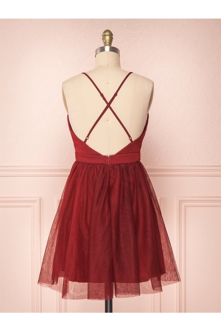 A Line V Neck Short Red/Burgundy Tulle Prom Dresses Homecoming Dresses