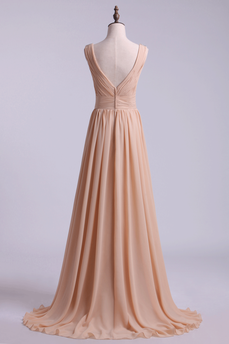 2024 Bridesmaid Dress V Neck A Line Floor Length Chiffon With Beads