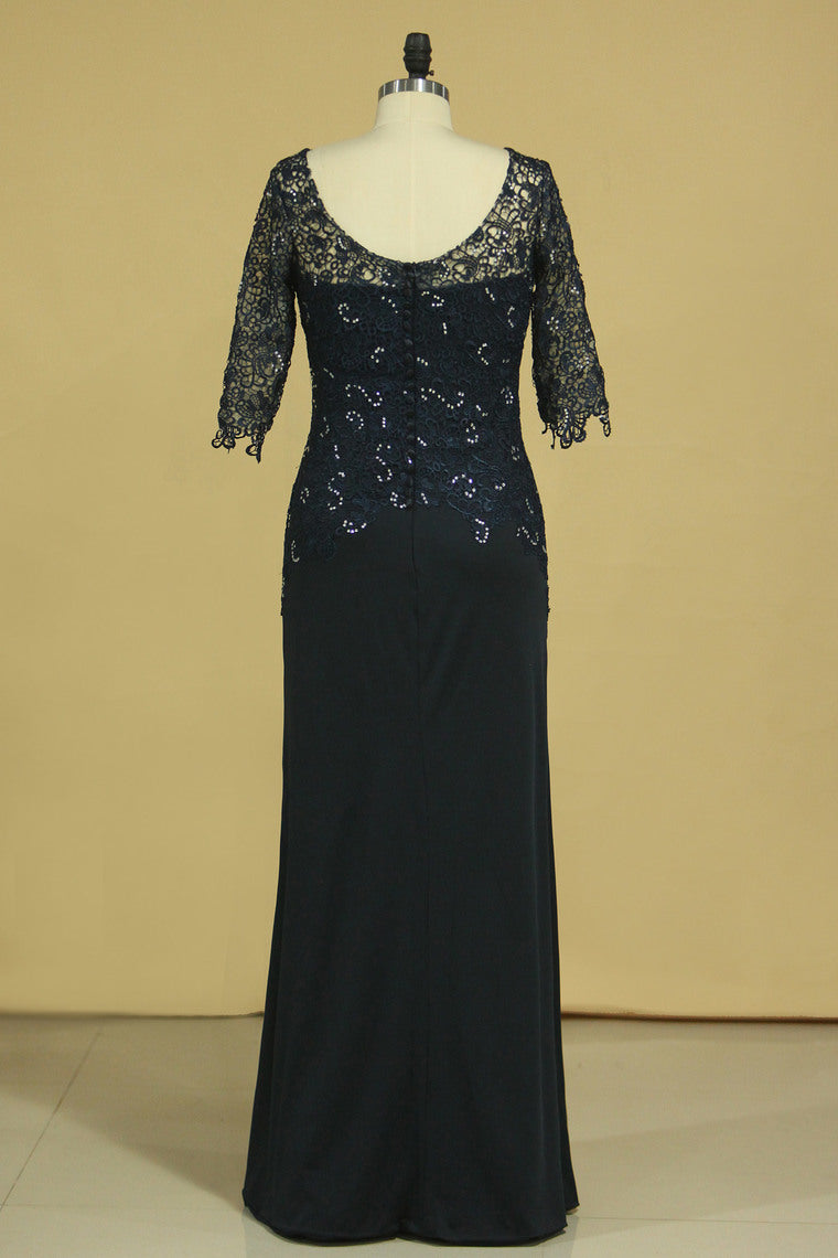 2024 Mother Of The Bride Dresses Scoop 3/4 Length Sleeve Dark Navy Spandex & Lace With Beads