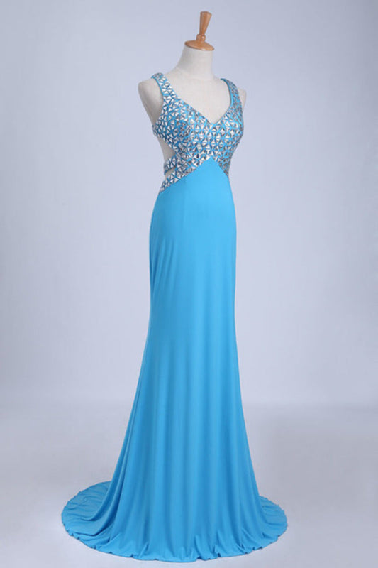 2024 Straps Prom Dresses Open Back Sheath/Column With Beading