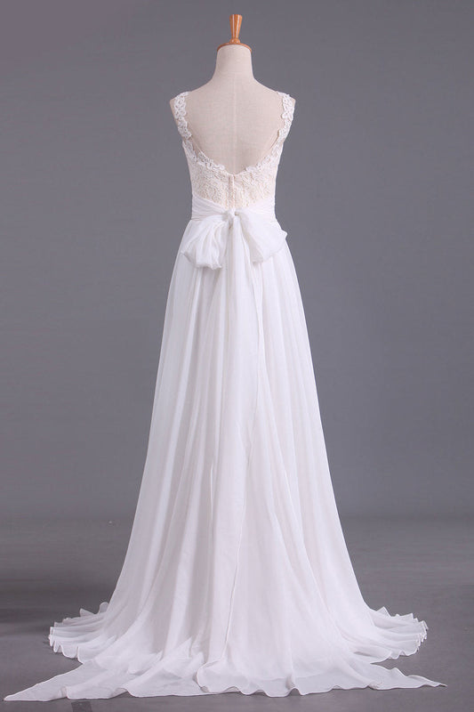 2024 Sexy Open Back Scoop With Applique And Sash Wedding Dresses A Line Chiffon Sweep Train