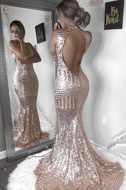 2024 Scoop Sequins Prom Dresses Mermaid/Trumpet Sweep Train Open Back