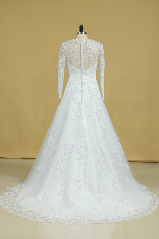 Elegant Wedding Dresses V Neck Tulle With Applique Long Sleeves