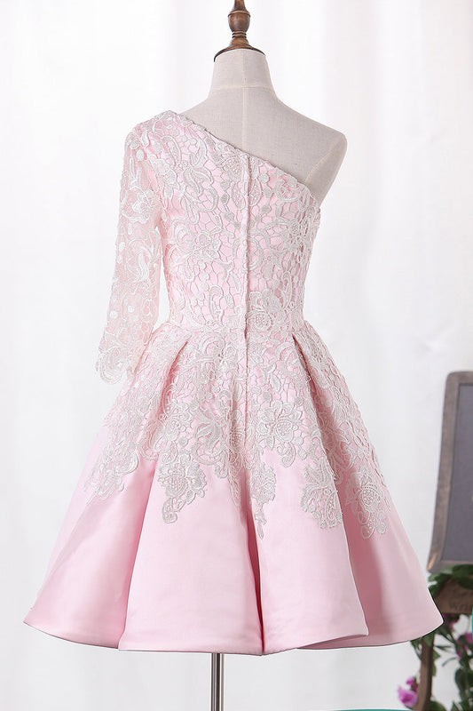 2024 One Sleeve Bicolor Homecoming Dresses Satin A Line With Applique