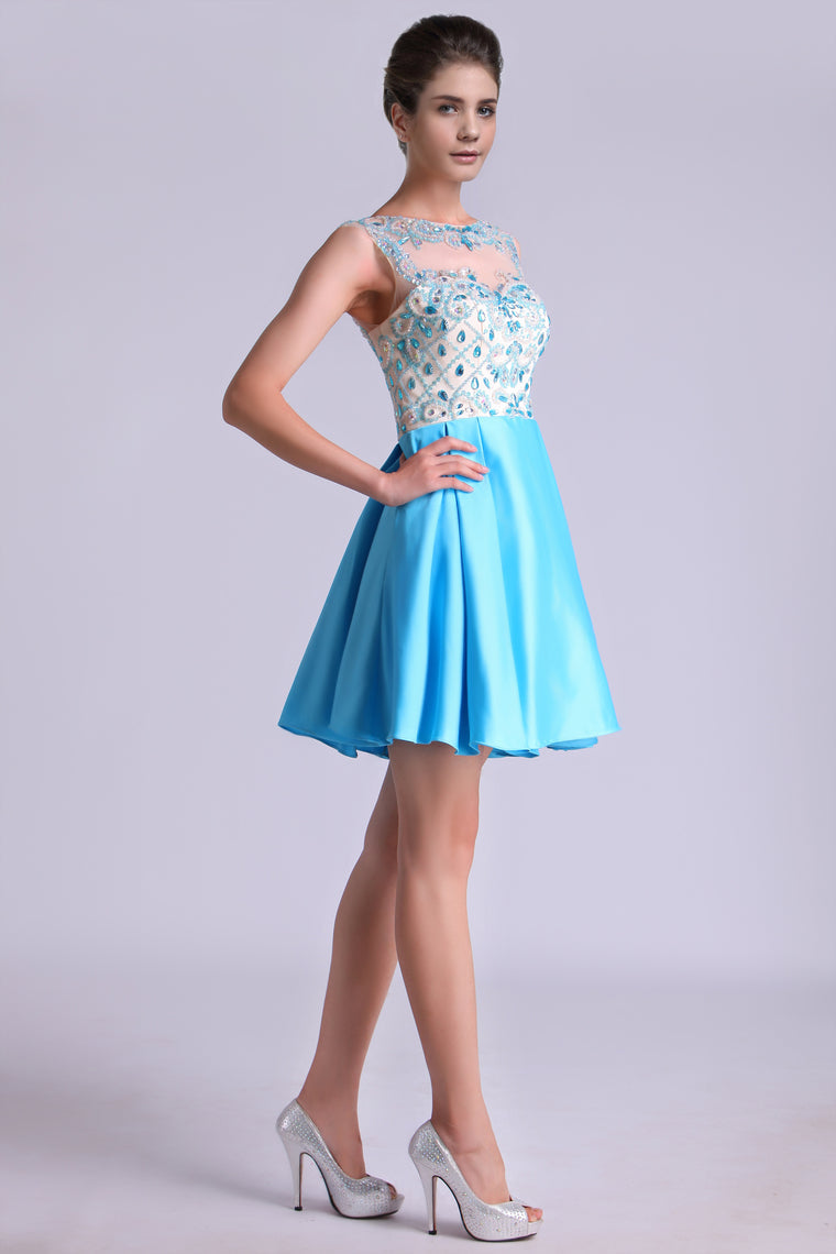 2024 Bateau A Line Homecoming Dresses Satin With Beads Mini