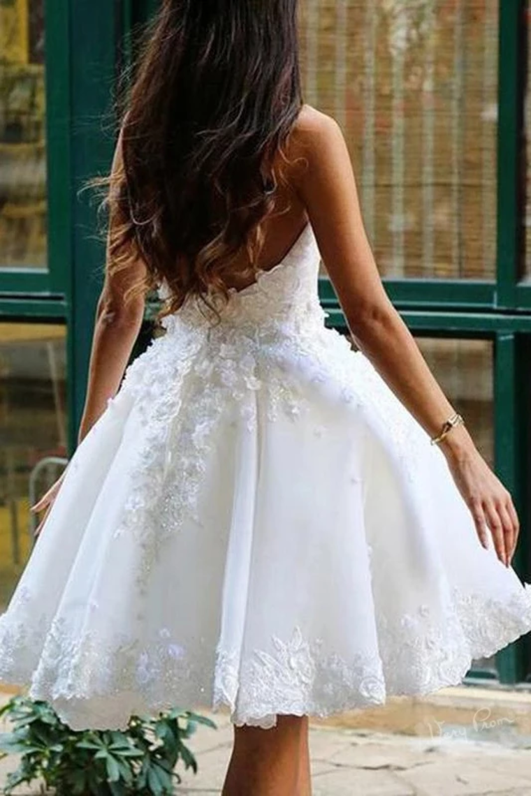 A Line V Neck Appliques Beads Homecoming Dresses Short Wedding Dresses