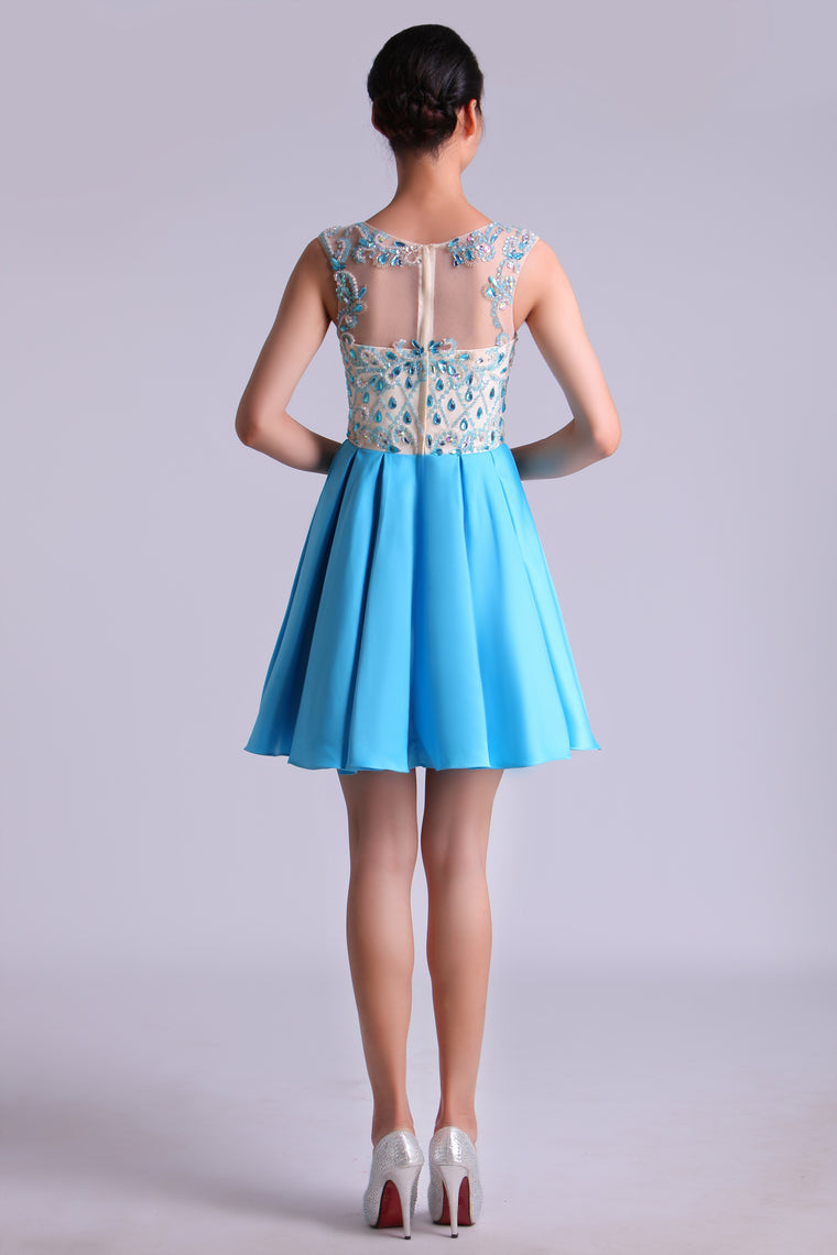 2024 Bateau A Line Homecoming Dresses Satin With Beads Mini