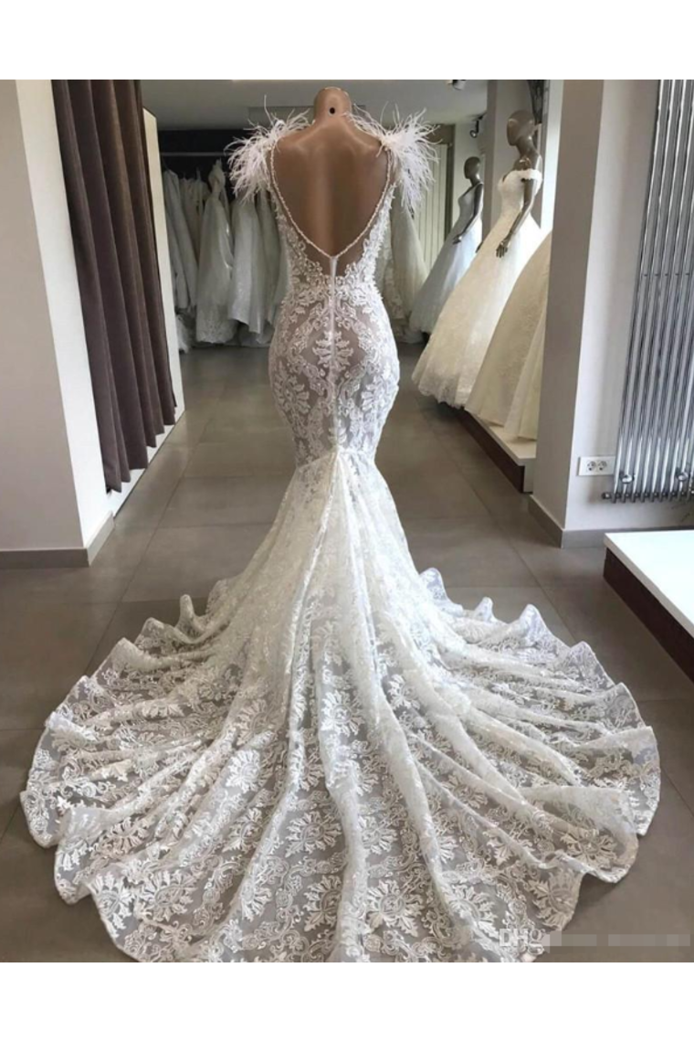 Luxury Lace Mermaid Wedding Dress With Train Sexy Open Back Pearls Wedding Gowns